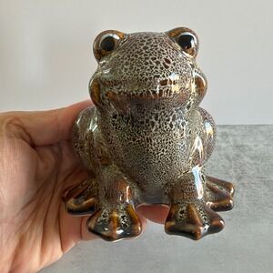 Vintage Ceramic Speckled Frog Figurine Brown Glazed Toad Statue 4.5 Inch